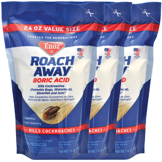 (3 pack) enoz roach away boric acid powder, cockroach killer, 24 oz pouch